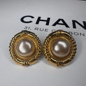 Chanel Costume Clip-On Gold-Plated Pearl Earrings with Box, shopping bag w/ COA
